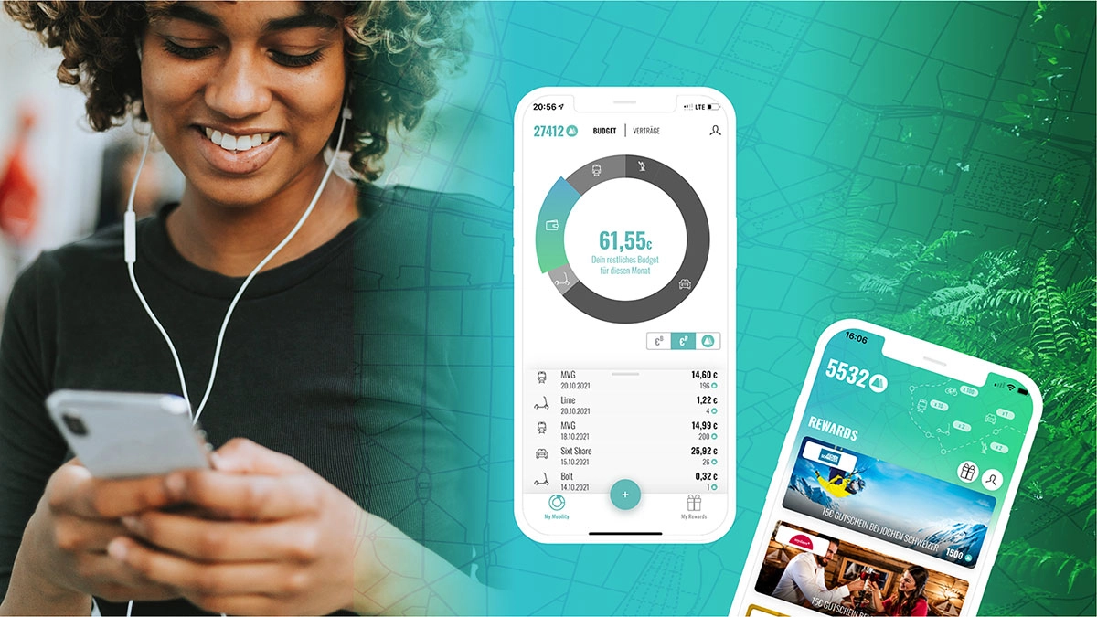 Links ist eine lächelnde Frau am Smartphone zu sehen. Rechts eine Einblendung eines Smartphone-Screens; darauf ist die Benutzeroberfläche der Moovster-App zu sehen Links ist eine lächelnde Frau am Smartphone zu sehen. Rechts eine Einblendung eines Smartphone-Screens; darauf ist die Benutzeroberfläche der Moovster-App zu sehen